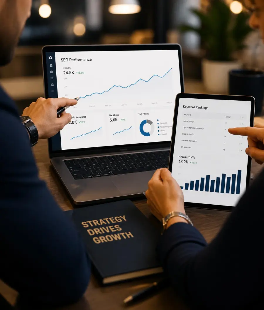 Strategists reviewing SEO analytics